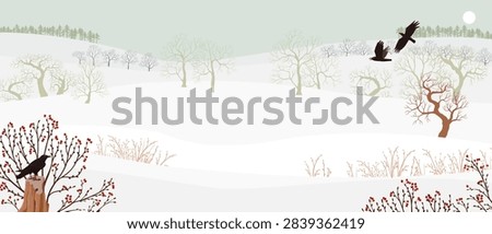 vector drawing winter landscapes with raven birds, wild apple, snow, sun and trees, hand drawn illustration