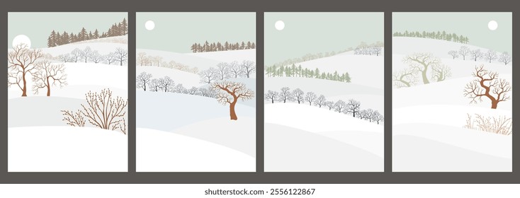 vector drawing winter landscapes with snow, sun and trees, hand drawn illustrations, set of card designs