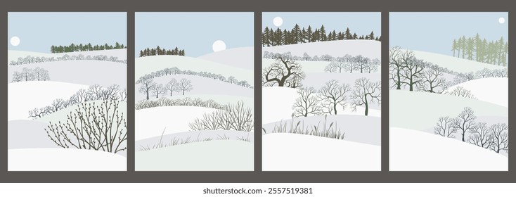 vector drawing winter landscapes with snow, sun and trees, hand drawn illustrations, set of card designs