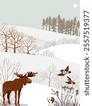 vector drawing winter landscapes with sparrow birds, elk, snow, sun and trees, hand drawn illustration