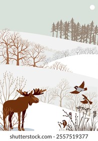 vector drawing winter landscapes with sparrow birds, elk, snow, sun and trees, hand drawn illustration