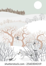 vector drawing winter landscapes with wood nuthatch birds, arctic fox, snow, sun and trees, hand drawn illustration