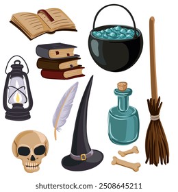 vector drawing witch accessories, cauldron with potion, black hat and broom, hand drawn halloween illustration