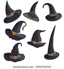 vector drawing witch hats isolated at white background, hand drawn illustration