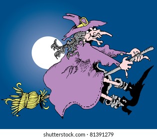 vector drawing of the witch over moon
