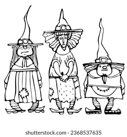 Vector drawing of witches for Halloween. Different characters, several witches. Black and white drawing of mystical creatures. Funny cartoon women. Medieval witches.