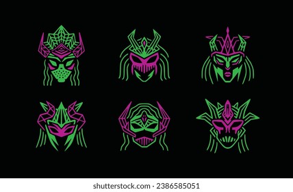 Vector drawing of witches' helmets with horns. Icons of evil female monsters in demonic masks.