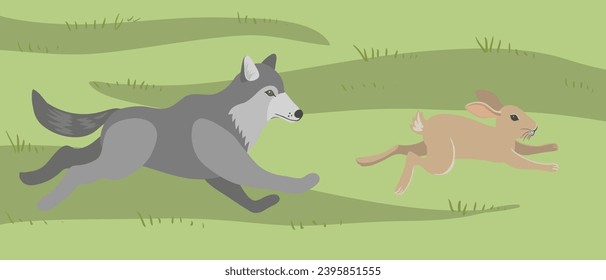 vector drawing wolf catches up with rabbit at green grass, hand drawn animals isolated at white background , cartoon style character