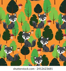 Vector drawing of wolf children in the forest. Bright colorful print for printing on fabric and packaging.