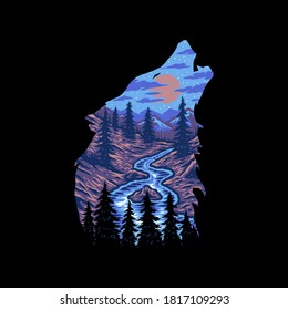 Vector drawing of wolf forest landscape, hand drawn line style with digital color