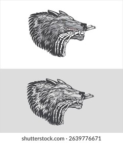 vector drawing of wolf head with human hand in teeth. suitable for engraving