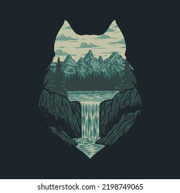 Vector drawing of wolf nature landscape, hand drawn line style with digital color
