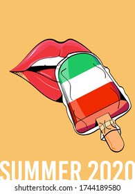 Vector drawing of woman lips trying ice cream with green, white and red colors