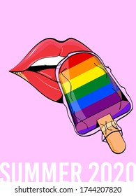 vector drawing of woman lips trying ice cream in the colors of the rainbow flag . Poster. 
