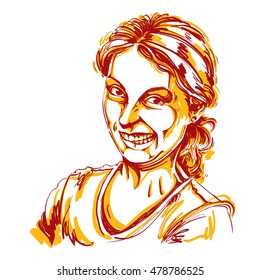 Vector drawing of woman making a funny grimace. Colorful portrait of girl making a silly face. 