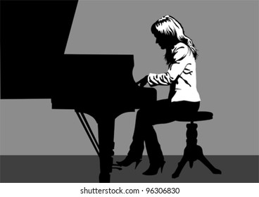 Vector drawing of a woman playing piano on stage