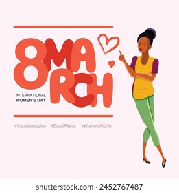 Vector drawing of a woman pointing at International Women's Day. Empowered African woman, business woman.