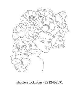 vector drawing woman with poppy flowers at head , sketch of young girl, hand drawn illustration
