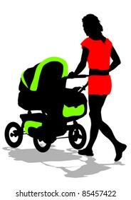 Vector drawing of a woman with a pram