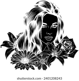 vector drawing woman profile with rose flowers, sketch of young girl, hand drawn illustration