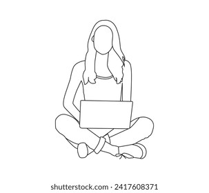 Vector drawing of woman using laptop continuous line art