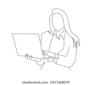 Vector drawing of woman using laptop continuous line art