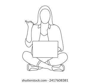 Vector drawing of woman using laptop continuous line art