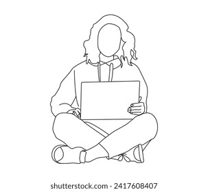 Vector drawing of woman using laptop continuous line art