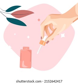 Vector drawing of a woman's hand holds a lid from a bottle with a cosmetic product. Jar with cream, serum care product for face and body skin. In the hand of a pipette from a jar with Beauty product