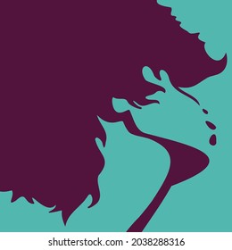 Vektorgrafik eines Frauenprofils mit lockigem Haar und einem leicht aus dem Genuss geworfenen Rücken in trendigen Farben. nützlich für Werbeprodukte für Frauen, Print, Web und Grafik Design, Logos.