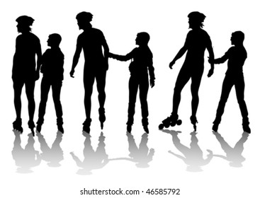 Vector drawing women athletes on skates. Silhouette on white background