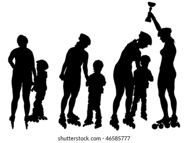 Vector drawing women and children on skates. Silhouette on white background