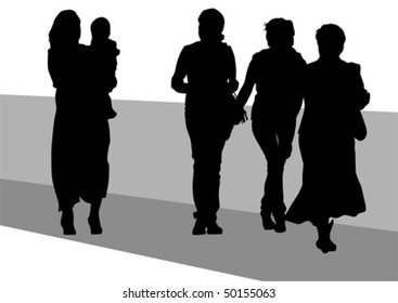 Vector drawing women and children. Silhouettes of people