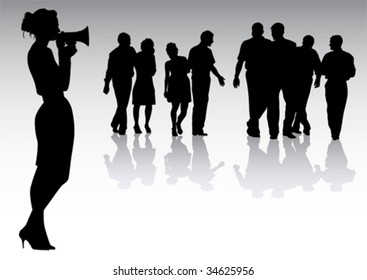 Vector drawing women with megaphones. Silhouette on white background