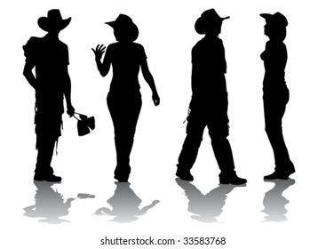 Vector drawing women and men in suits cowboys