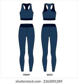 Vector drawing of women's leggings and top in blue. Outline vector template of long leggings and sports bra, front and back view. Sketch leggings and bras for sports - jogging, fitness, yoga, Pilates