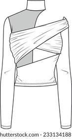 
vector drawing of women's long sleeve top with asymmetric ruffles