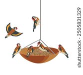 vector drawing wooden bird feeder and birds, European goldfinch at white background, hand drawn vector illustration