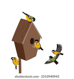 vector drawing wooden birdhouse and great tit birds, nesting boxes isolated at white background, hand drawn vector illustration