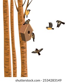 Vector dibujando pajarera de madera en el árbol y pájaros voladores, caja de anidación y grandes tetas en el fondo blanco, composición de primavera, Ilustración vectorial dibujada a mano