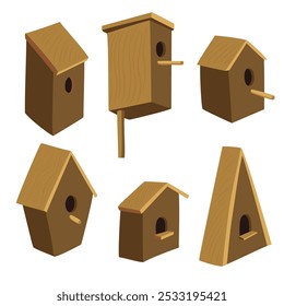 Vector dibujando casas de pájaros de madera, cajas de anidación aisladas en el fondo blanco, Ilustración vectorial dibujada a mano