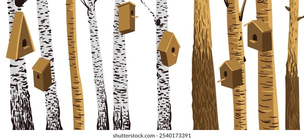 Vector dibujando casas de pájaros de madera, anidando troncos de árbol boxesant en el fondo blanco, Ilustración vectorial dibujada a mano