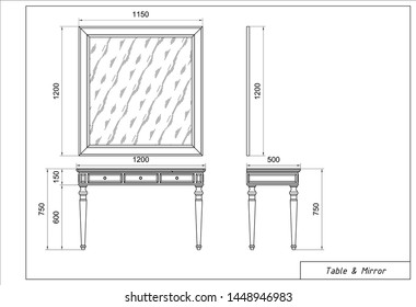 Vector drawing of wooden table with mirror