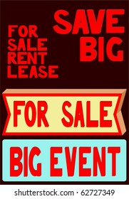 Vector drawing of words used for rental and sales signs, red on black, yellow and blue.