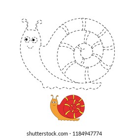 Vector drawing worksheet for preschool kids with easy gaming level of difficulty. Simple educational game for kids. Illustration of funny snail for toddlers