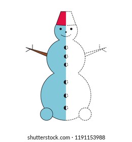 Vector drawing worksheet for preschool kids with easy gaming level of difficulty. Simple educational game for kids. Illustration of snowman for toddlers