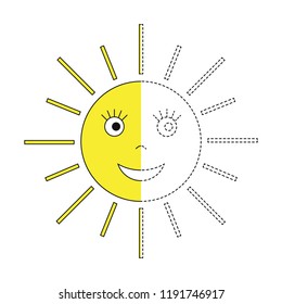 Vector drawing worksheet for preschool kids with easy gaming level of difficulty. Simple educational game for kids. Illustration of the Sun for toddlers