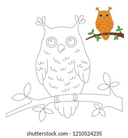 Vector drawing worksheet for preschool kids with easy gaming level of difficulty. Simple educational game for kids. Illustration of owl sitting on the branch for toddlers