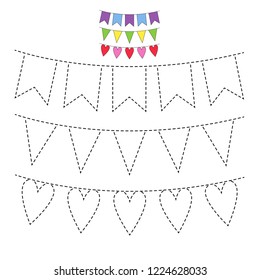 Vector drawing worksheet for preschool kids with easy gaming level of difficulty. Simple educational game for children. Illustration of festive garlands with flags  for toddlers