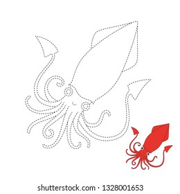 Vector drawing worksheet for preschool kids with easy gaming level of difficulty. Simple educational game for children. Illustration of squid for toddlers